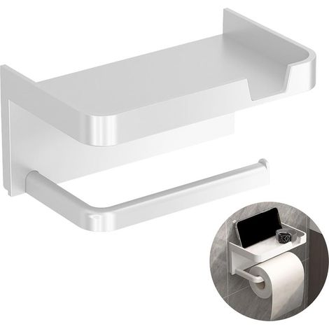 Set di 2 porta carta igienica e porta cellulare universali da parete, autoadesivi, perforati, bianchi. (1/5)