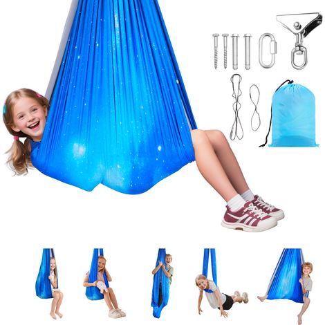 VEVOR Conjunto de Hamaca de Yoga Aerea, Fabricado con Tejido de Doble Capa, con Suspensión Giratoria de 360°, Arnes en Forma de O y Capacidad de Carga Máxima de 136,07 kg, Azul, 1500 x 1500 mm