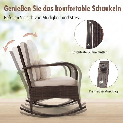 Salon de jardin 3 pièces en rotin PE avec 2 fauteuils à bascule, coussins et table en verre trempé pour jardin et terrasse (1/5)