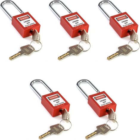 Cadenas de sécurité, Lot de 5 cadenas avec 10 clés, Système de verrouillage industriel, Rouge (1/5)