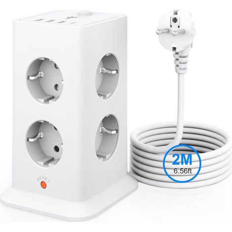 Multiprise Tour Blanche 8 Prises + 4 USB, câble 2m, 16A 3680W, sécurité Design gain de place, interrupteur unique, protection surtension, idéal pour bureau maison chambre (1/5)