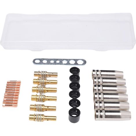 Kit de pistolet de soudage MIG compatible avec le poste à souder MB15 15AK : buse conductrice, embouts de 0,03 pouce, diffuseur, tiges de connexion, clé et capuchons.