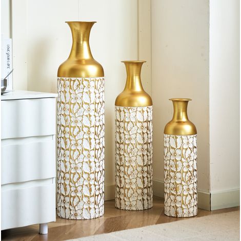 Lot de 3 vases de sol en métal doré et blanc à motif floral 50/66/85 cm OKWISH (1/5)