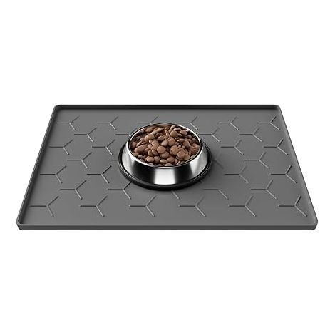 Tapis Gamelle Chien Chat, Silicone, 30x40cm Gris Foncé antidérapant et imperméable, tapis pour bols eau (1/3)