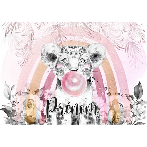 Papier peint panoramique enfant avec prénom personnalisable - Lion Chewing-Gum - 130 cm x 90 cm (1/2)