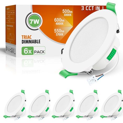 Lot de 6 Spot LED Encastrable 68mm,7W Led Spot Dimmable AC 220-240V,3000K 4000K 6500K Étanche IP44 Réglable Plafonnier Encastré pour Salle de Bain,Salon,Chambre,Cuisine,Rond,Noir
