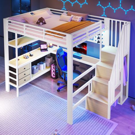 Cama alta 140x200 cm con 3 cajones, mesa y estantería, en metal blanco, sin colchón (1/5)