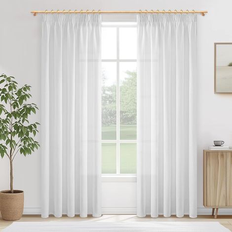 Lot de 2 Rideau Voilage Galon Fronceur pour Rail Effet Lin Blanc Semi-Transparent, Rideaux et Draperies Intérieurs pour Salon Moderne Salle à Manger Chambre, 140x245 CM (1/5)