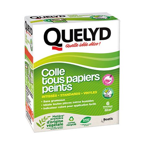 Quelyd Colle Tous Papiers Peints Avec Indicateur Coloré – Papiers Peints Intissés, Standards, Vinyles et Spéciaux – Sans Grumeaux – Sans Solvant –300 g (6 rouleaux - 32 m²)