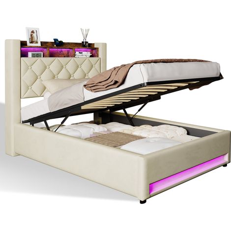 Bett 90x200 cm Gepolstert Samt Beige, Ergonomisches Design mit Hoch elastischem Schaumstoff, Fleckenabweisend Leicht zu Reinigen - Optimaler Komfort