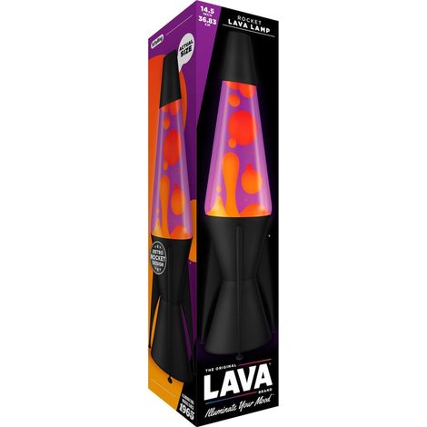 LAVA® - LAMPE À LAVE EVENFALL ROCKET 2391, CIRE JAUNE, LIQUIDE VIOLET, SOCLE DÉCORATIF, EMBOUT ET AILETTES DE FUSÉE, LAMPE À MOU
