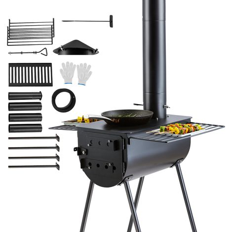 Poêle à bois, 299,7 cm , poêle de tente de camping en acier allié portable avec 8 tuyaux de cheminée et gants, poêle de tente chaude pour la cuisine et le chauffage en plein air (1/5)