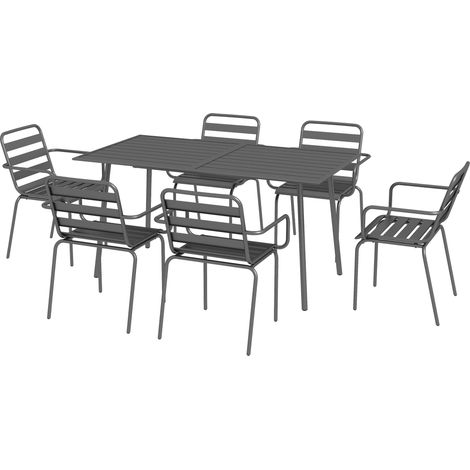 Ensemble salon de jardin 7 pièces table + 6 chaises empilables acier gris foncé 170x90x74 cm