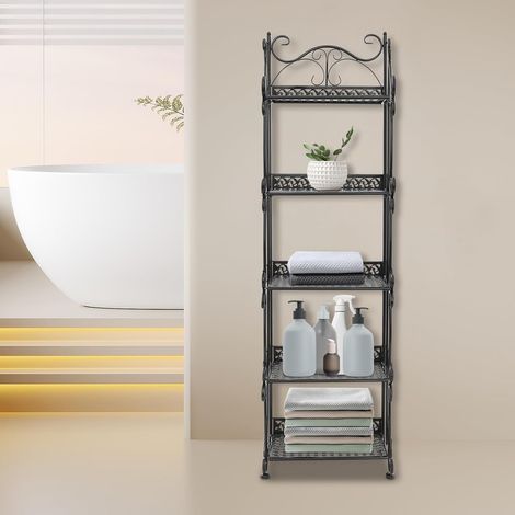 Metall Bücherregal, 5-stufiges Standregal Klappbar & Schmal, 30kg Tragkraft, Schwarz Aufbewahrungsregal, Multifunktionales Lagerregal Küchenregal Pflanzenregal für Wohnzimmer Büro Küche (1/5)