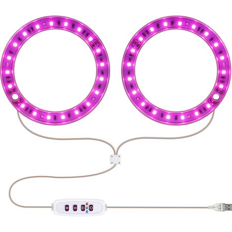 Vollspektrum-LED-Pflanzenlampe mit 20 LEDs, 8h/12h/16h Timer, 5 Helligkeitsstufen, verstellbarer Höhe, USB-Anschluss und Lichtring für Sukkulenten.