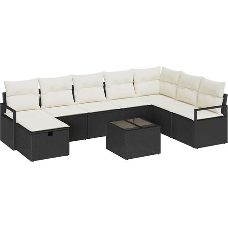 Sofa Set with Cushion Manual 9 pcs Black and Cream Poly Rattan vidaXL