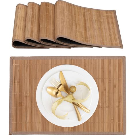 Set de Table, antidérapant, rectangulaire, Lot de 4, en Bambou et Polyester, pour la Salle à Manger, Nature (1/5)