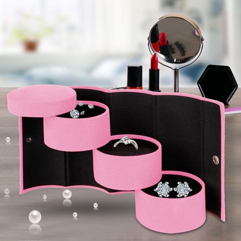 Modische, tragbare, faltbare Schmuckaufbewahrungsbox, multifunktionaler zylindrischer Organizer (Pink) (1/5)