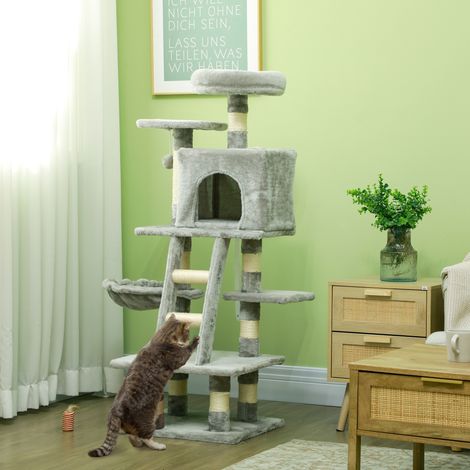 PawHut Multi-Geräte-Katzenbaum mit Kratzstämmen, Höhlen, Plattformen, Leiter, Hängematte und Hängeball – Grau