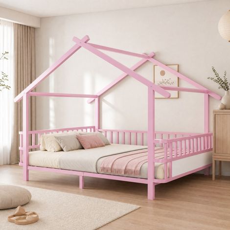 Letto per bambini in metallo a forma di casa 140 x 200 cm rosa con sponde di sicurezza OKWISH (1/5)