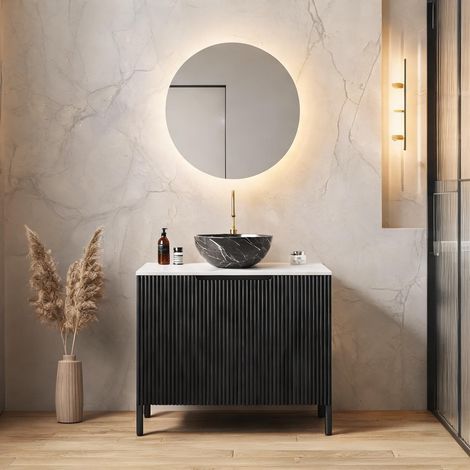 Meuble sous vasque 76 cm avec vasque céramique noire et plan (1/5)