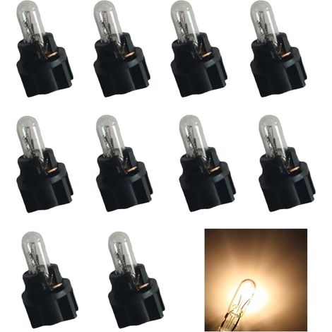 10 Stück T5 DC 12V 1,2W LED-Armaturenbrettlampe warmweiß klar mit schwarzem Lampensockel für den Fahrzeuginnenraum.
