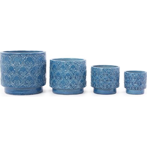 Maceta de cerámica esmaltada azul Ø38 cm con relieve de corazón, drenaje y resistente a heladas (1/5)