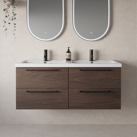 Napoli 390 Brown Oak 1200mm Wall Mounted 4 Drawer Vanity Unit with Double Lucia Basins - 1200mm - Matt Black 320mm Handle