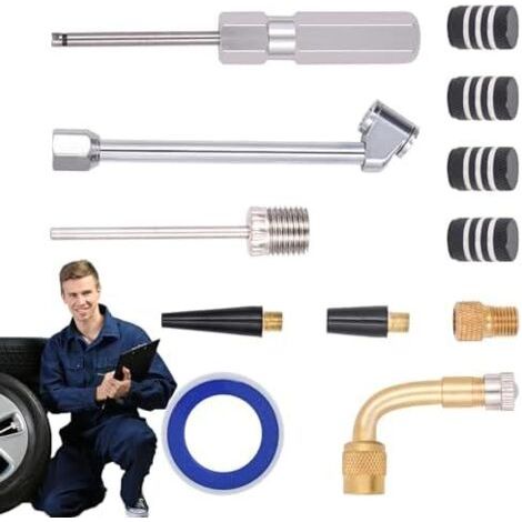 Outil pour enlever le noyau de valve, outil la tige valve pneu - Kit d'outils remplacement rapide 12 pièces, outils réparation pneus, poignée (1/5)