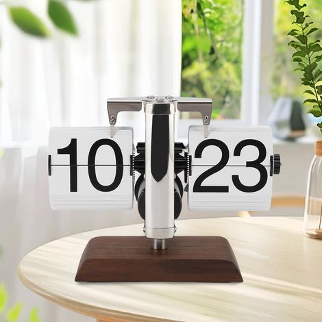 Reloj de pared vintage con números grandes – pantalla automática de 24 horas con cubierta de PVC y caja de madera de nogal negro – para salón y oficina, blanco (1/5)
