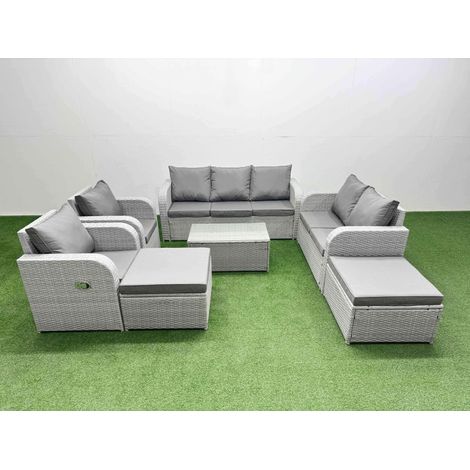 Fimous PE Rattan Garden Furniture Set Adjustable Chair Sofa Double Love Seat 2 Seater Sofa Lounge Set Oblong Coffee Table 2 Big Footstool Light Grey (1/4)