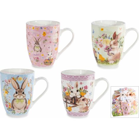 Tazze di Pasqua in porcellana con decori coniglietti e fiori, in confezione regalo sagomata, set da 8 pezzi, Tazza: Ø 8 cm x 10,5 H