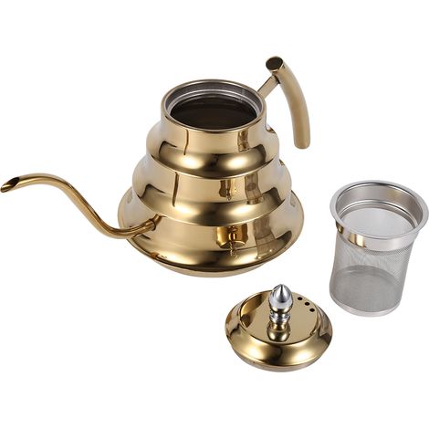 Cafetière à filtre en acier inoxydable avec col de cygne et joint en bambou (dorée) (1/5)