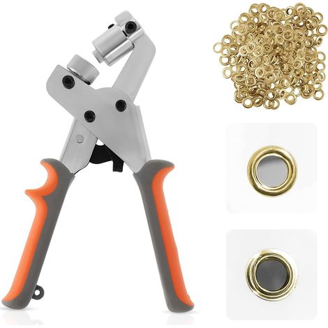 Kit di strumenti per occhielli, pressa per occhielli, pinze per occhielli, set manuale con 300 occhielli dorati da 10,5 mm, occhielli metallici portatili per cinture, artigianato, poster (1/5)