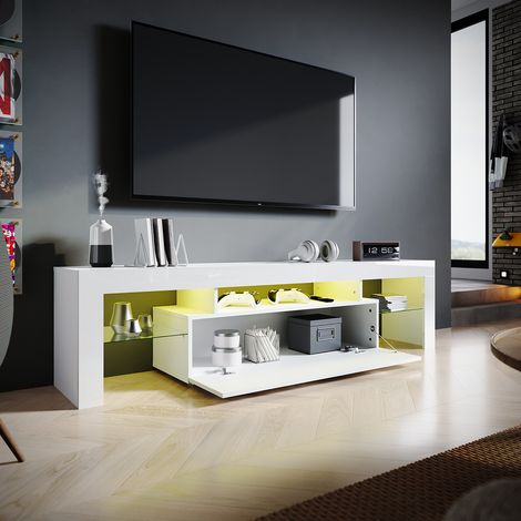 SIRHONA Meuble TV Blanc avec lumières LED Meuble tele étagères en verre Espace de rangement Multicouche 180x35x45 cm (1/5)