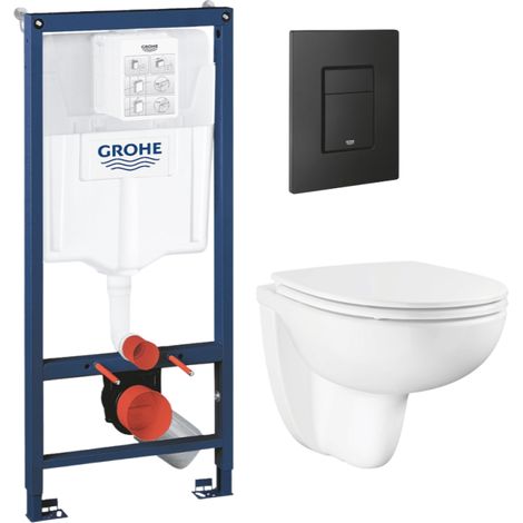 Pack bâti-support mur porteur GROHE Rapid SL + Cuvette suspendue sans bride abattant Bau Ceramic + Plaque commande noir mat (1/4)