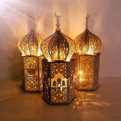 Ensemble de 3 lanternes décoratives en bois, 15 cm, sur le thème du Ramadan et de l'Aïd, pour la décoration de table, de jardin, de fêtes, d'événements et d'espaces.-AquaForge (1/5)