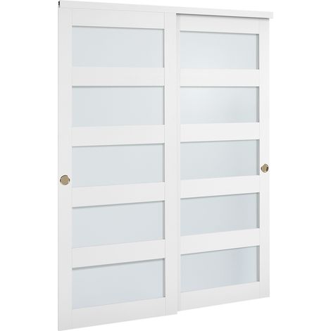 Mophorn Porta scorrevole per armadio, 1524 mm x 2032 mm, in vetro smerigliato a 5 pannelli con kit ferramenta, struttura in legno massello e MDF con rivestimento in PVC resistente all'acqua (1/5)