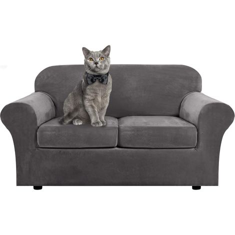 Soft and stretchy velvet sofa cover with separate cushion covers for 1, 2, 3 seater sofas with anti-slip strap for living room, bedroom (grey, 2 seater) (1/5)