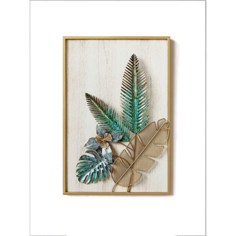 Décoration murale métallique chic – Cadre doré et arrière en bois rustique – Feuilles émaillées – 60.3cm x 40cm x 5.1cm