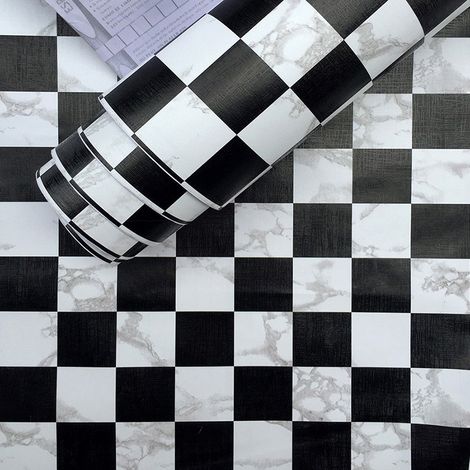 Papier peint autocollant à carreaux noirs et blancs, en PVC, pour mur derrière une télévision, 45 x 500 cm (1/5)