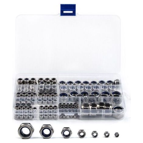 Sollbry Kit d'écrous de blocage en nylon métrique, 170, M3/M4/M6/M8/M10/M12, filetés en acier inoxydable, kit d'écrous de blocage hexagonaux autobloquants (1/3)