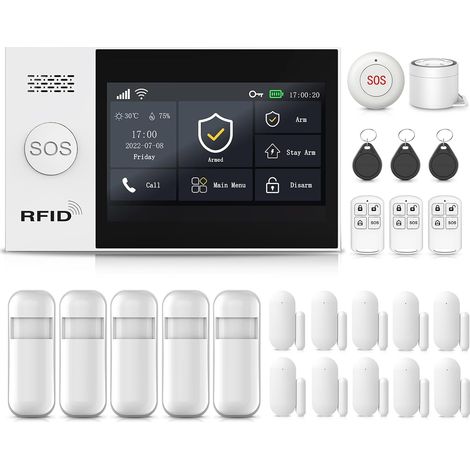 Écran Tactile 4,3" Alarme Maison sans Fil, 4G/WiFi Système d'Alarme, 24 Pack: 120DB Sirène, 10 Capteurs de Fenêtre et de Porte, 5 Détecteur de Mouvement (1/5)