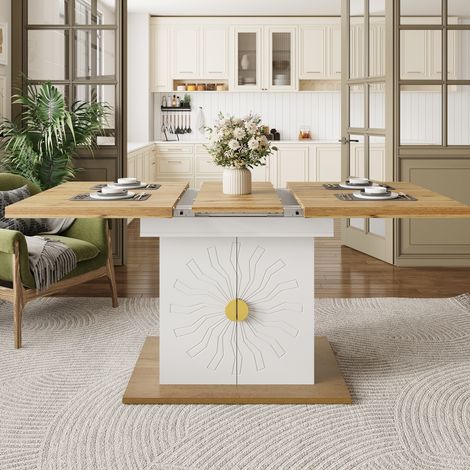 Mesa de comedor extensible 110-140 x 70 x 76,5 cm en MDF blanco con compartimento OKWISH (1/5)