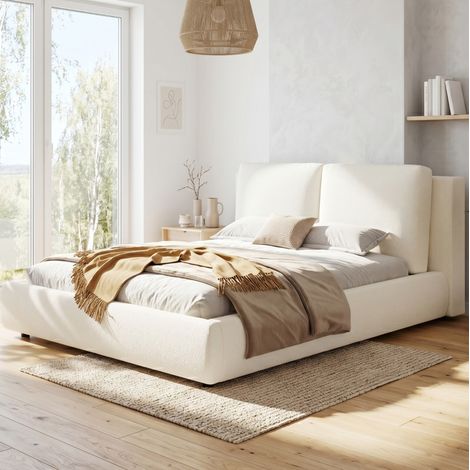 Cama tapizada doble con somier y cabecero acolchado, bouclé beige (1/5)
