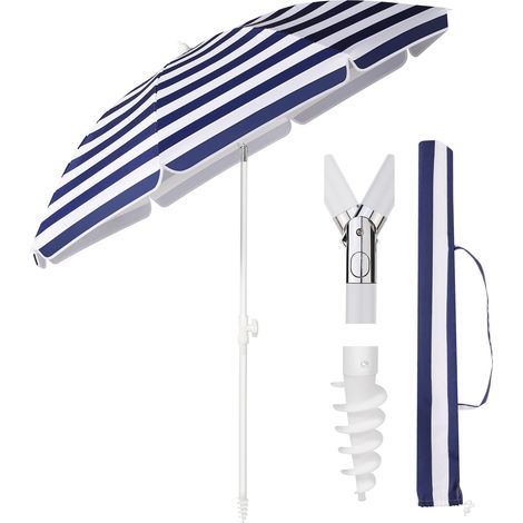 180 cm Sonnenschirm Stabil Strandschirm mit Bodenhülse & Schutzhülle für Balkon Garten & Terrasse Neigungswinkel und Höhe verstellbar, Sonnenschutz UPF 50+, Blaue Weiße Streifen