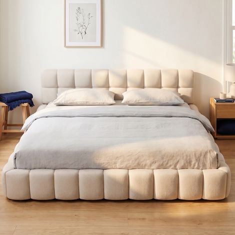 Lit adulte 160x200, lit double avec dossier moelleux, lit plat avec bordure rembourrée, tissu lin, sommier à lattes inclu(160x200, Beige) (1/5)