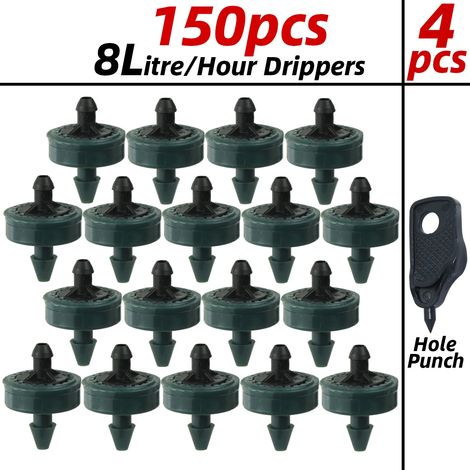 (Goutteur 8 L - 150 pièces) Goutteur d'irrigation goutte à goutte automatique 1/4'' pour jardin, économe en eau, idéal pour serres et bonsaïs. (1/4)