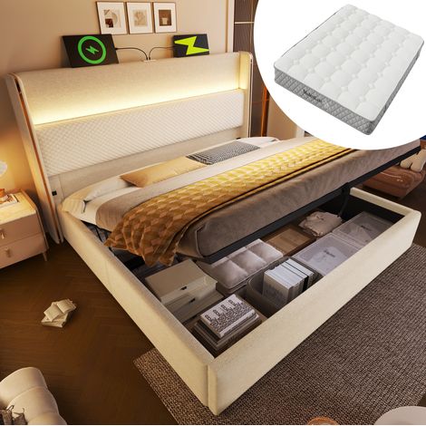 Letto matrimoniale 160x200 cm beige in lino con contenitore idraulico, LED e materasso H3 (1/5)