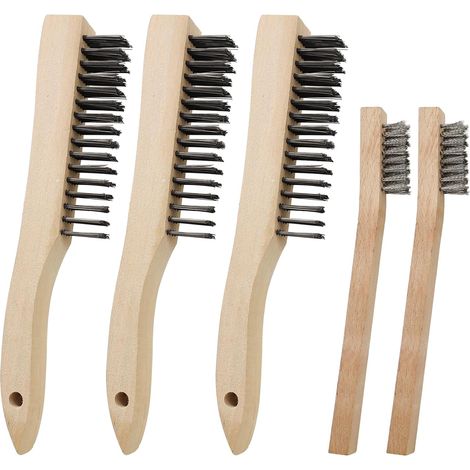 5 x Metal Hand Brush Stainless Steel Metal Brush with Wooden Handle for Cleaning Remove Rust, Corrosion and Friction Surfaces 3 Large + 2 Small (1/5)